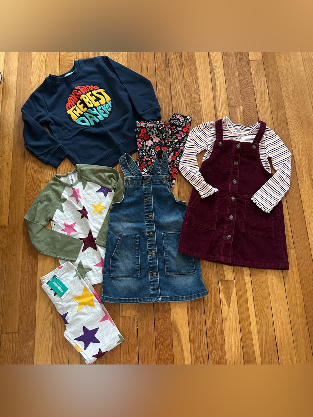 Girls Mixed Size 5 outfit Bundle - Denim Pinafore & Corduroy Jumper & Burgundy